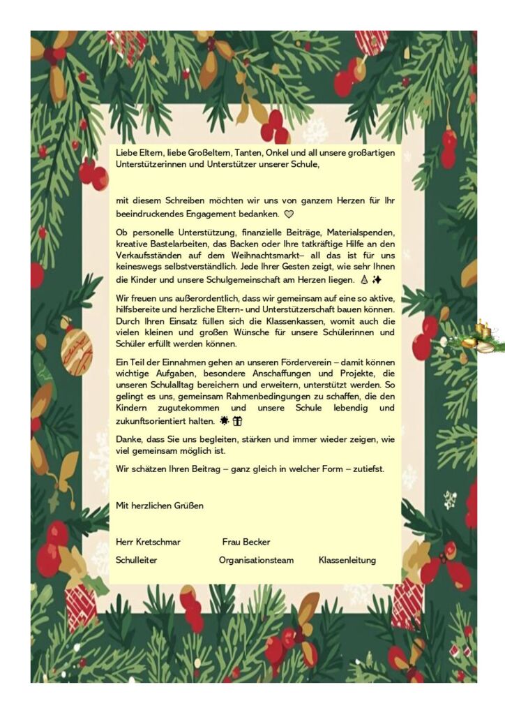 Dank an Eltern und Unterstützer Weihnachtsmarkt 2025