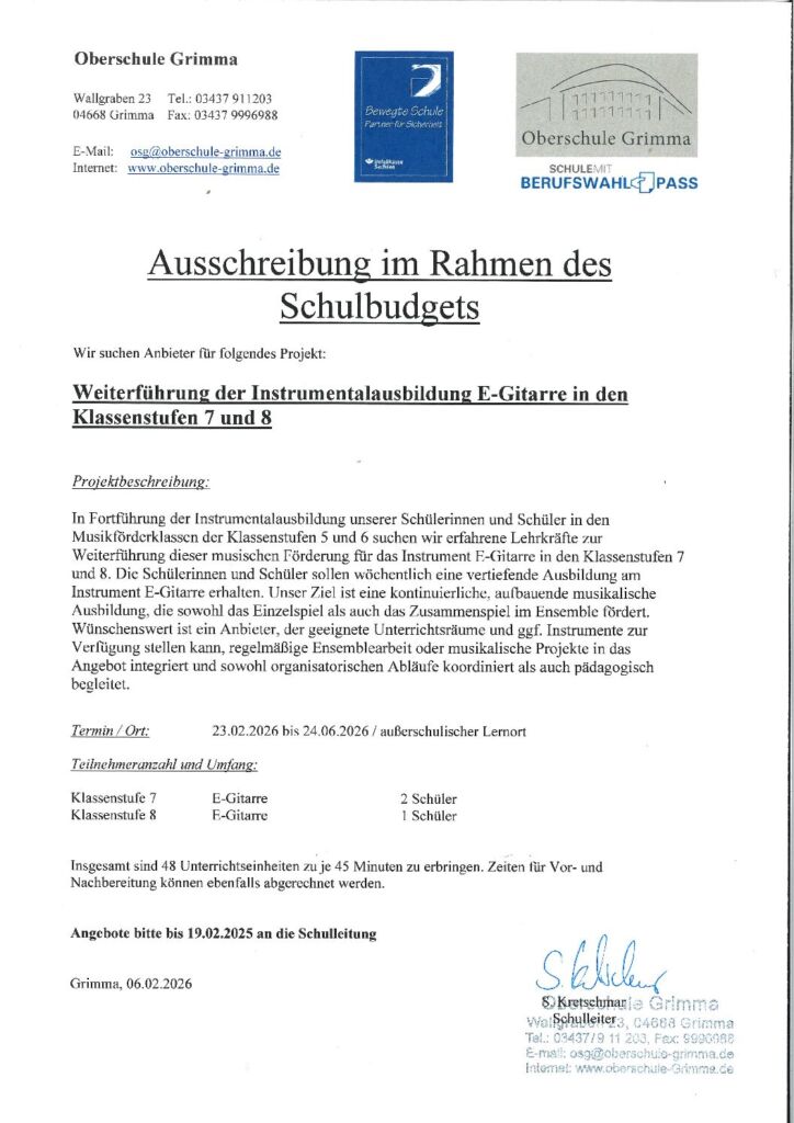 Ausschreibung Musikförder Klassen 7 und 8 E-Gitarre ab 02 2026