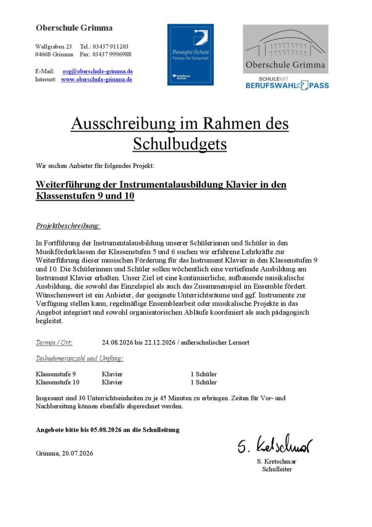 Ausschreibung MuFö 8 und 9 Klavier 2026 2