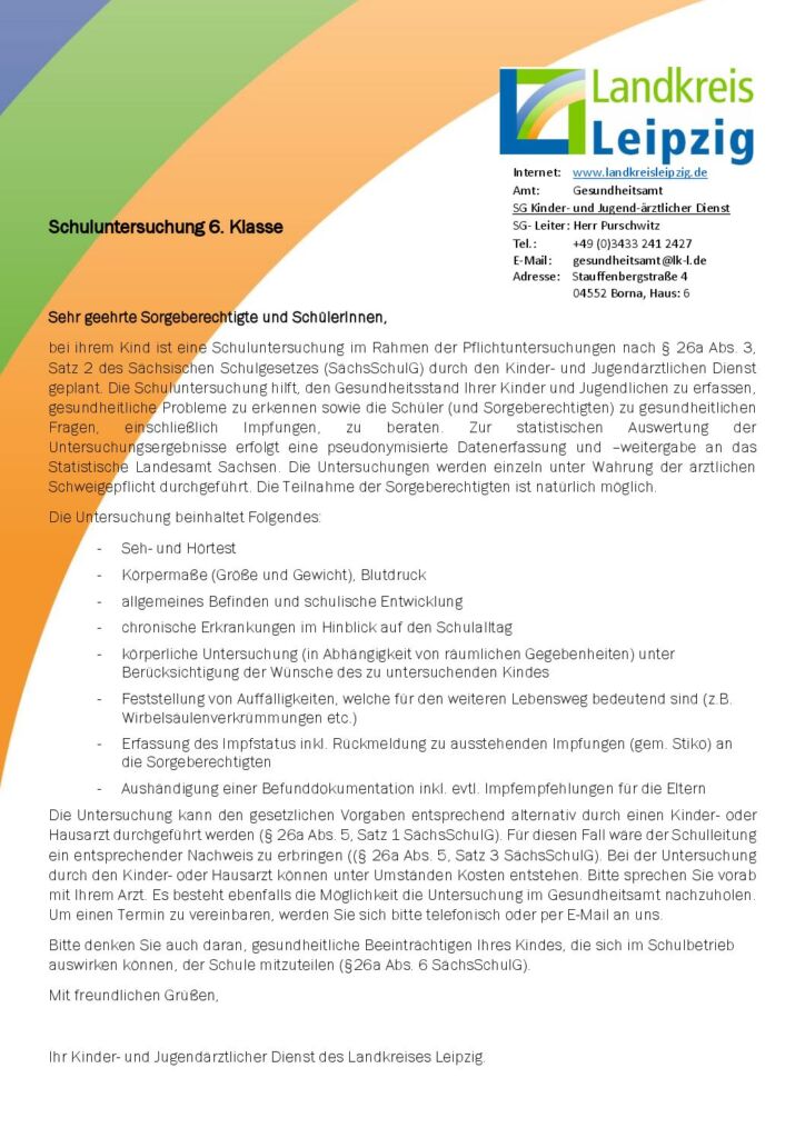 Information Reihenuntersuchung 6. Klasse
